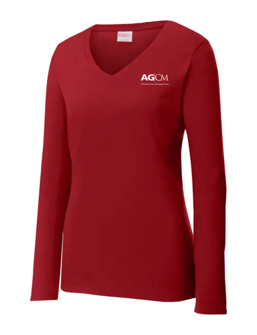 Womens V-Neck Ring Spun Cardinal 4.5 oz Long Sleeve T-Shirt w/AG|CM Logo