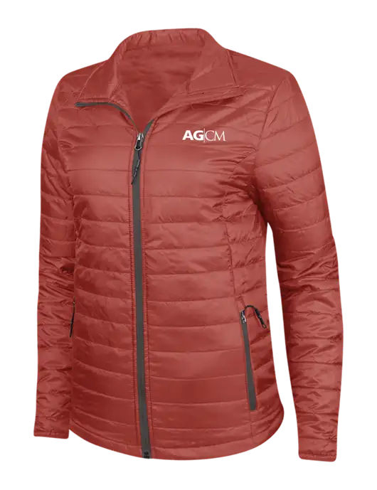 Dark Red Womens Puffy Packable Jacket w/AG|CM Logo