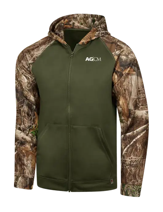 Russell Outdoors Dark Olive/Realtree Edge Camo Colorbock Performance Full Zip Hoodie w/AG|CM Logo