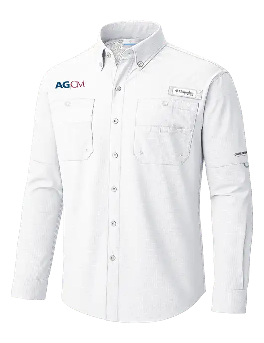 Columbia White PFG Tamiami II Long SleeveShirt w/AG|CM Logo