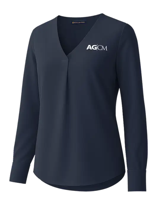 Brooks Brothers Womens Dark Navy Open-Neck Satin Blouse  w/AG|CM Logo