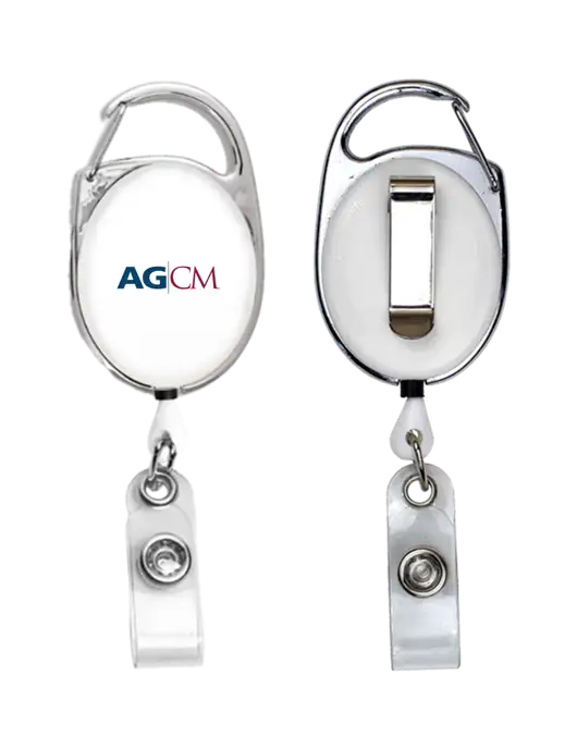 White Carabiner Style Badge Reel and Badge Holder w/AG|CM Logo