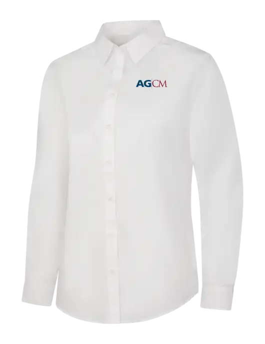 Womens White Long Sleeve Carefree Poplin Shirt w/AG|CM Logo