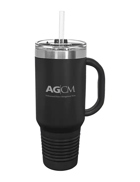 Polar Camel 40 oz. Powder Coated Vacuum Insulated Black Travel Mug with Straw w/AG|CM Logo