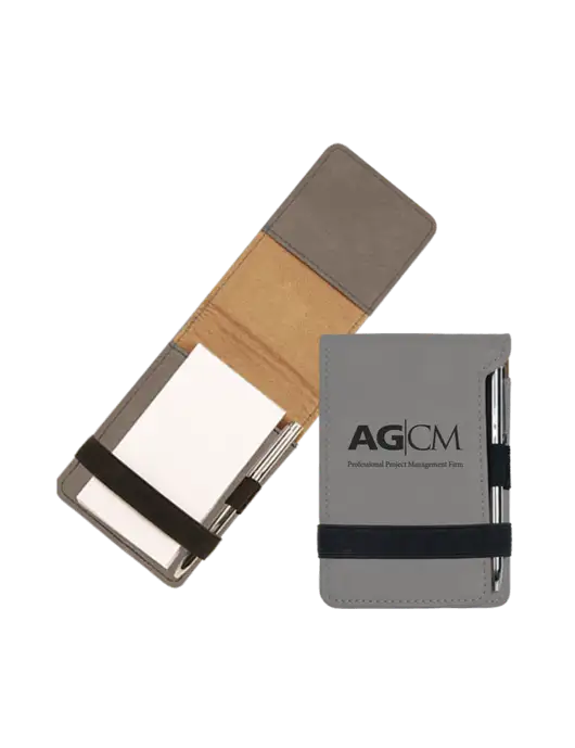 Grey Leatherette Mini Notepad with Pen,  3.25 x 4.75 w/AG|CM Logo