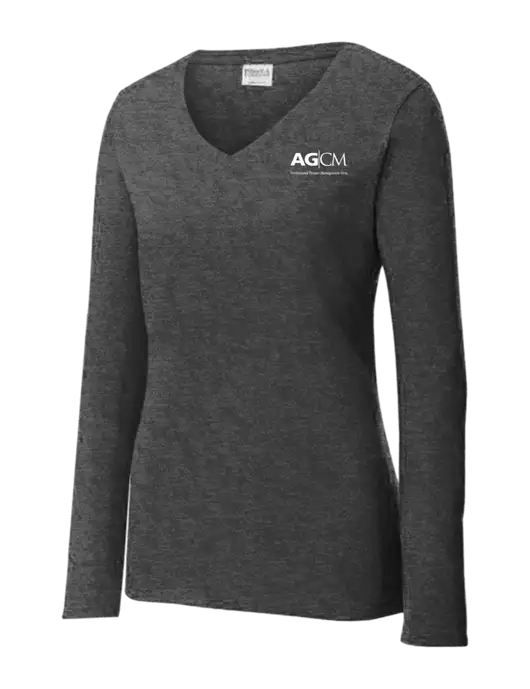 Womens  V-Neck Ring Spun Dark Heather Grey 4.5 oz Long Sleeve T-Shirt w/AG|CM Logo