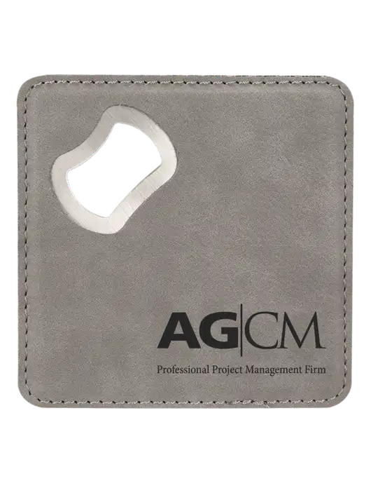 Grey Leatherette Coaster with Bottle Opener w/AG|CM Logo