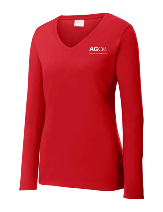 Womens  V-Neck Ring Spun Bright Red 4.5 oz Long Sleeve T-Shirt w/AG|CM Logo