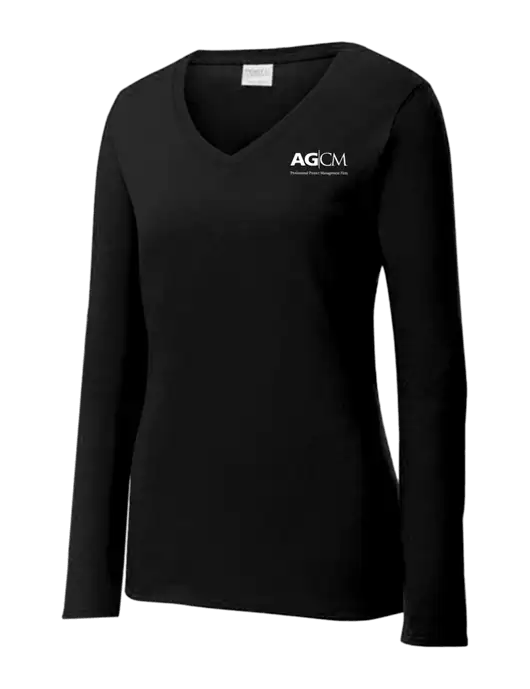 Womens V-Neck Ring Spun Jet Black 4.5 oz Long Sleeve T-Shirt w/AG|CM Logo