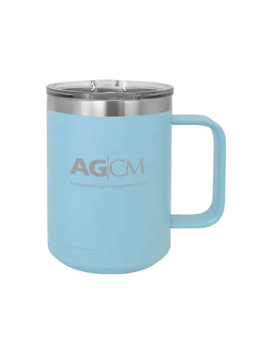 Polar Camel 15 oz Powder Coated Light Blue Vacuum Insulated Mug with Slider Lid w/AG|CM Logo