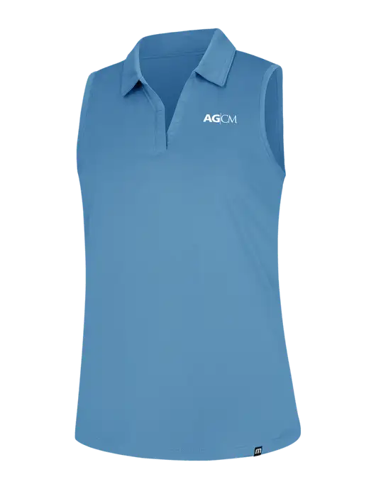 TravisMathew Womens Light Blue Heather Coto Performance Sleeveless Polo w/AG|CM Logo