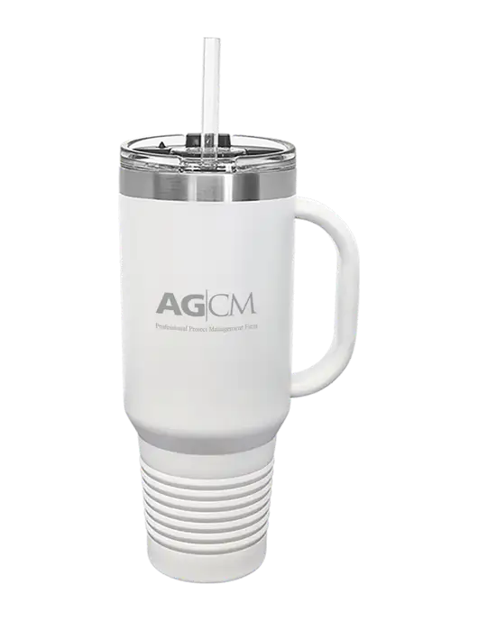 Polar Camel 40 oz. Powder Coated Vacuum Insulated White Travel Mug with Straw w/AG|CM Logo