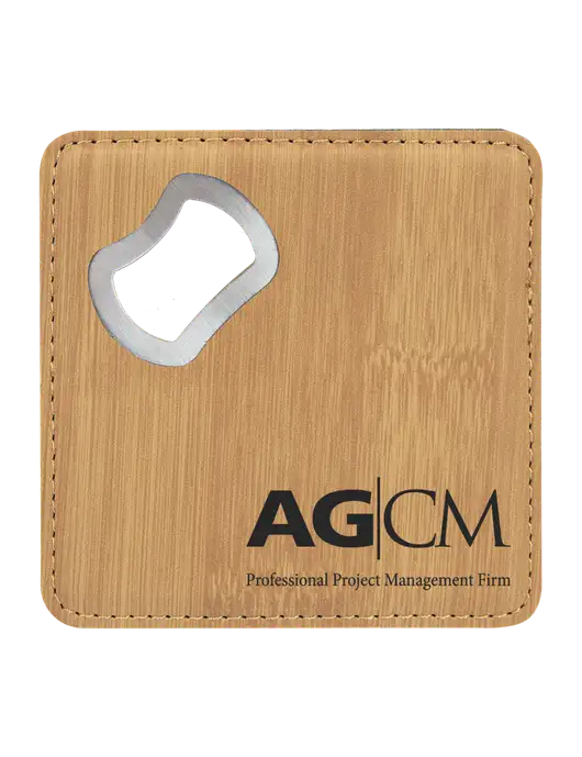 Bamboo Leatherette Coaster with Bottle Opener w/AG|CM Logo