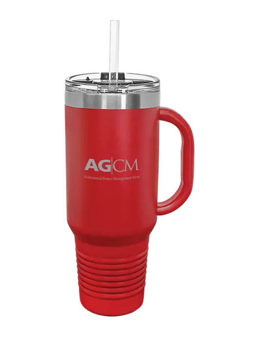 Polar Camel 40 oz. Powder Coated Vacuum Insulated Red Travel Mug with Straw w/AG|CM Logo