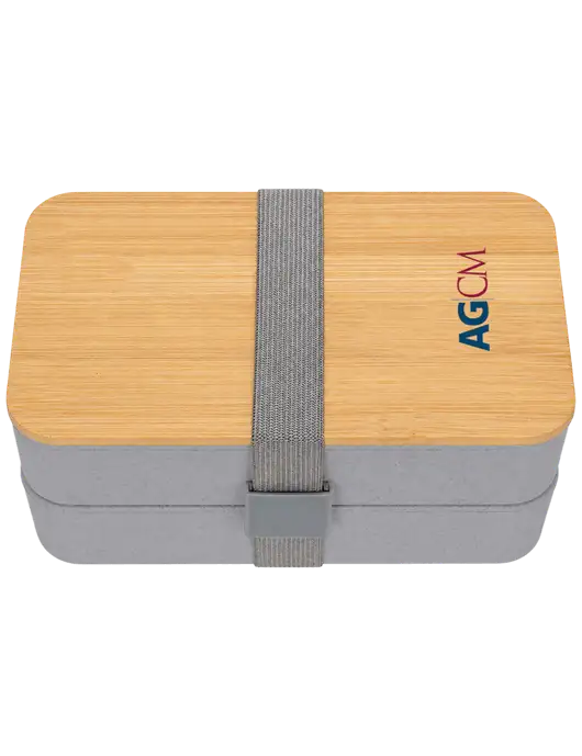 Double Decker Light Medium Grey Lunch Box w/Eco-Friendly FSC Bamboo Lid & Reusable Utensils w/AG|CM Logo