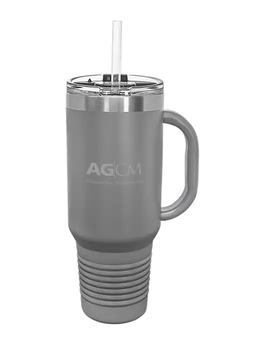 Polar Camel 40 oz. Powder Coated Vacuum Insulated Grey Travel Mug with Straw w/AG|CM Logo