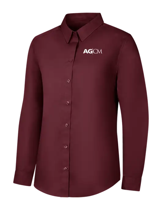 Womens Maroon Long Sleeve Carefree Poplin Shirt w/AG|CM Logo