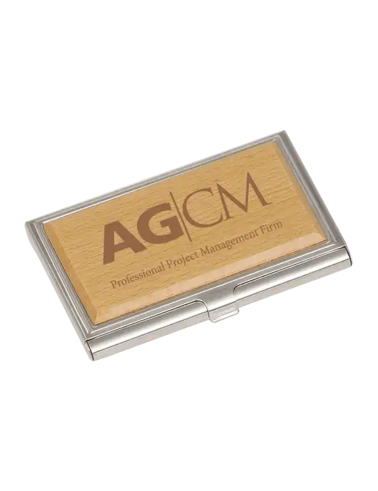 Wood & Silver Business Card Case w/AG|CM Logo