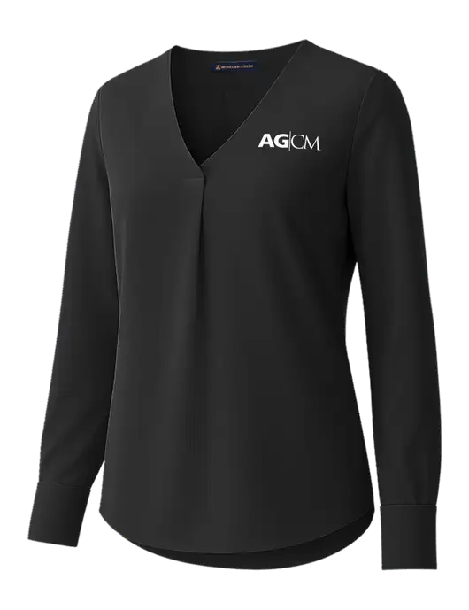 Brooks Brothers Womens Black Open-Neck Satin Blouse  w/AG|CM Logo