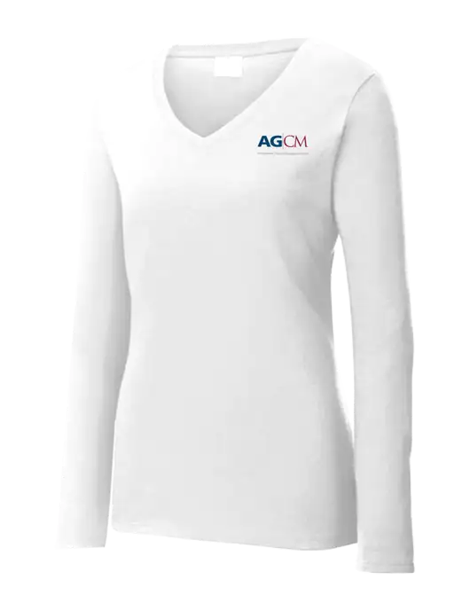 Womens  V-Neck Ring Spun White 4.5 oz Long Sleeve T-Shirt w/AG|CM Logo