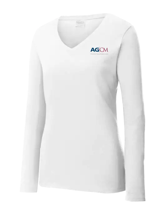 Womens  V-Neck Ring Spun White 4.5 oz Long Sleeve T-Shirt w/AG|CM Logo