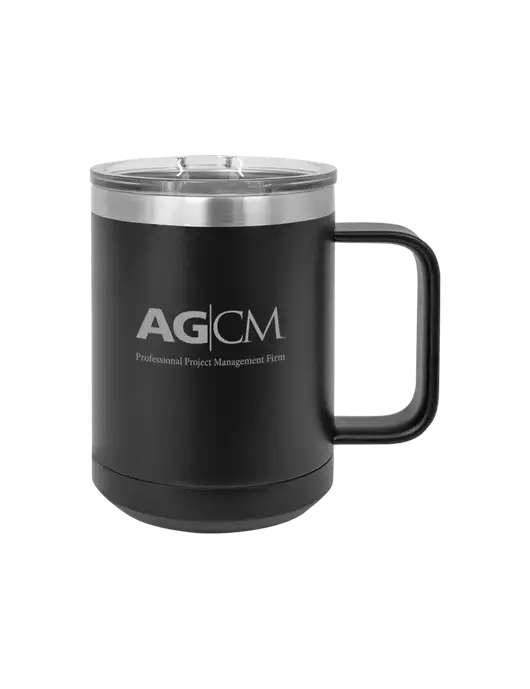 Polar Camel 15 oz Powder Coated Black Vacuum Insulated Mug with Slider Lid w/AG|CM Logo