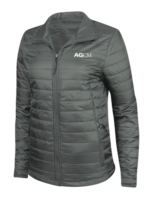 Dark Grey Womens Puffy Packable Jacket w/AG|CM Logo