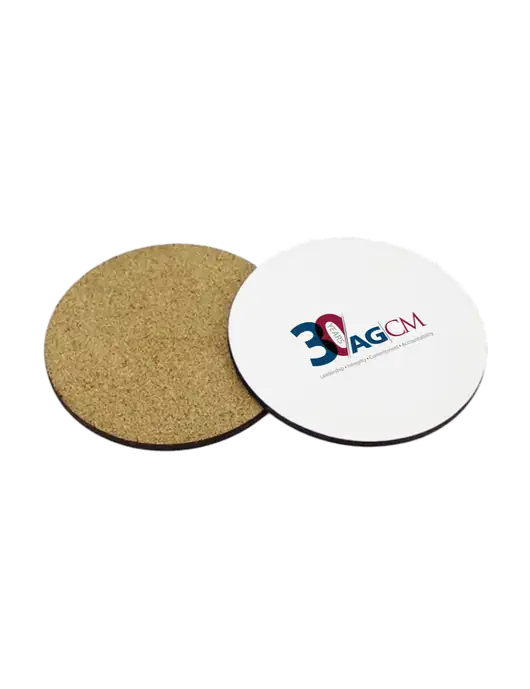 Gloss White Hardboard Round Coaster w/Cork Back, 3.75 w/AG|CM 30th Anniversary Logo