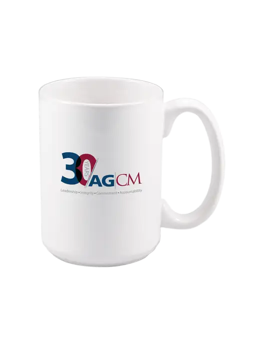 15 oz White Ceramic Mug w/AG|CM 30th Anniversary Logo