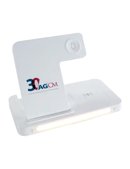 Revive White Bedside Charging Station with Adjustable Light w/AG|CM 30th Anniversary Logo